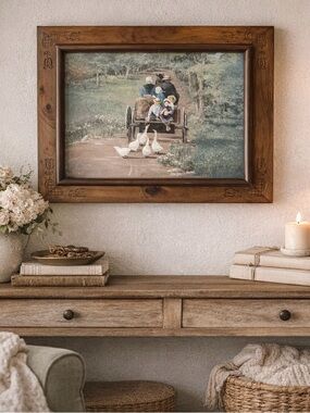 Vintage Ann Mount Framed Amish Print Rustic Farm Scene Wood Cottagecore